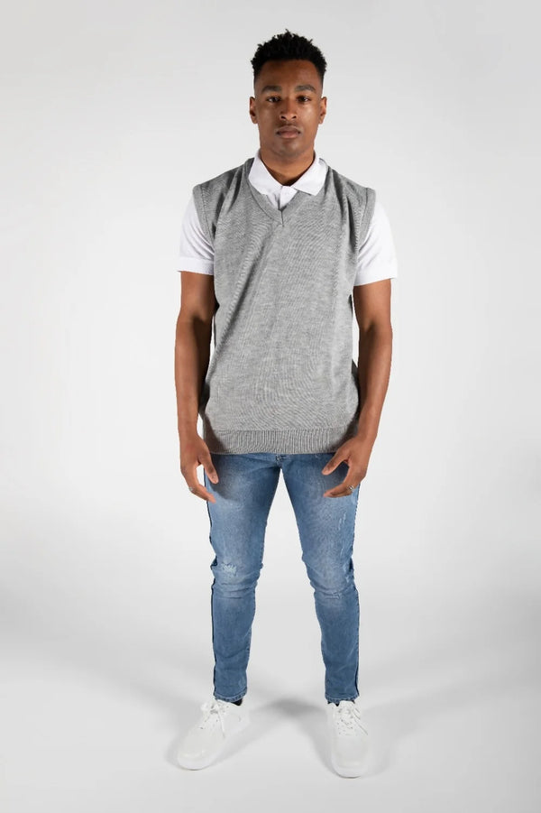 Mens Grey V-Neck Sleeveless Knitted Jumper