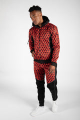Mens Red With Black Geometric Print Skinny Tracksuit