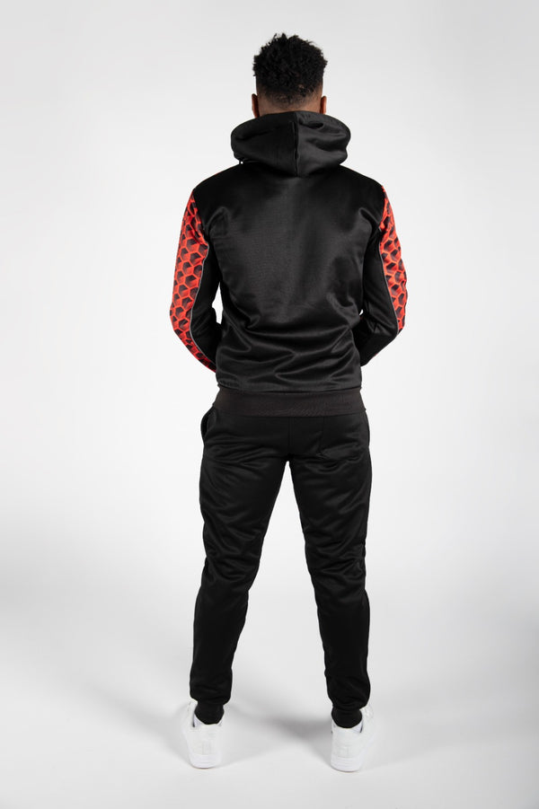 Mens Red With Black Geometric Print Skinny Tracksuit