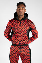 Mens Red With Black Geometric Print Skinny Tracksuit