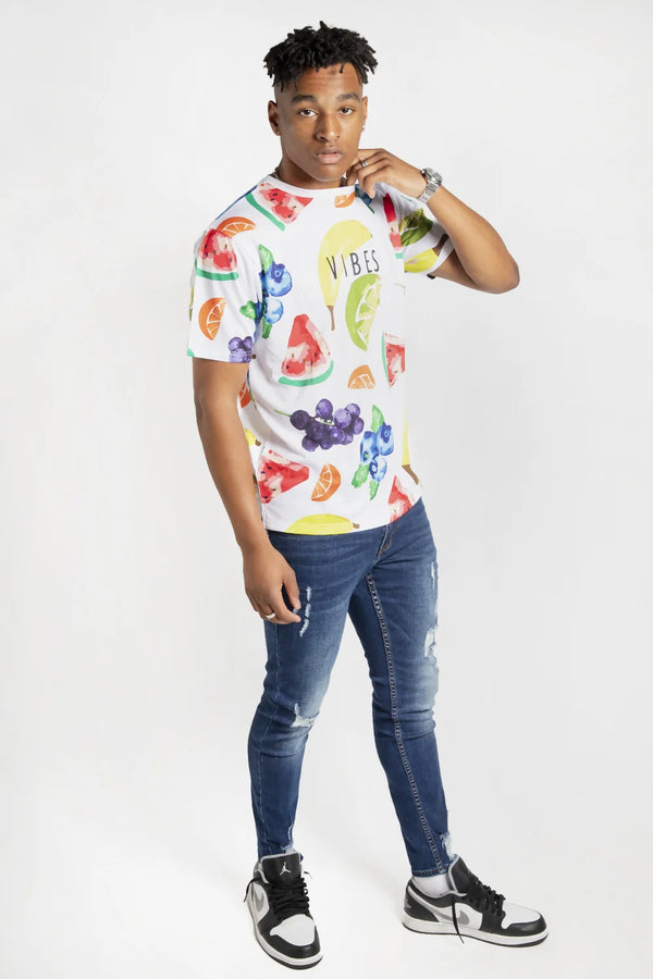 Mens White Fruit and Slogan Print T-Shirt