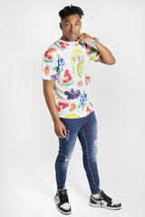 Mens White Fruit and Slogan Print T-Shirt