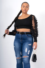 Black floral applique mesh sleeve ribbed crop top