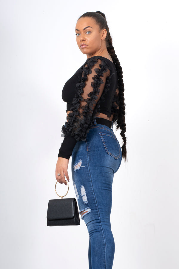 Black floral applique mesh sleeve ribbed crop top