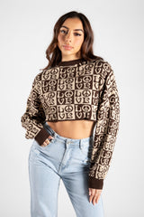 Brown Cropped LOVE Print Knit Jumper