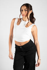 White Knitted Cut Out Crop Vest