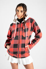Red Check Print Shacket With Hood 