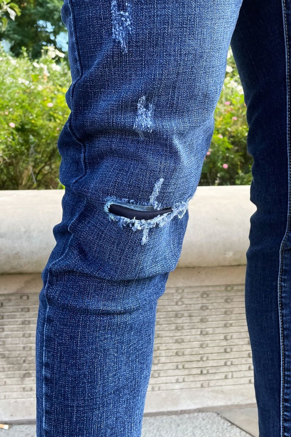 Mens Blue Washed Knee Patched Skinny Jeans