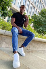 Mid Blue Wash Skinny Ripped Knee Jeans 