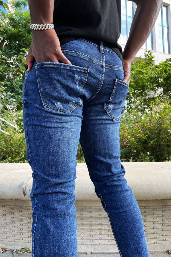 Mid Blue Wash Skinny Ripped Knee Jeans 