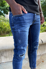 Mid Blue Wash Skinny Ripped Knee Jeans 