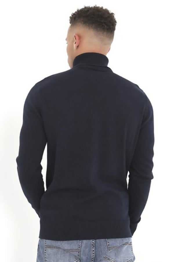 Mens Navy Turtle Neck Fine Knit Jumper