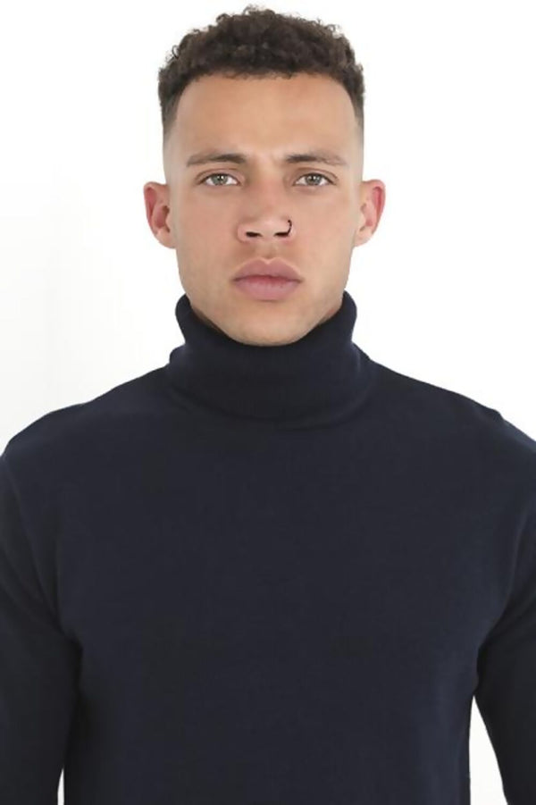 Mens Navy Turtle Neck Fine Knit Jumper