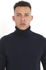 Mens Navy Turtle Neck Fine Knit Jumper