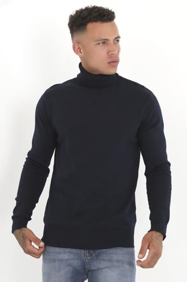 Mens Navy Turtle Neck Fine Knit Jumper