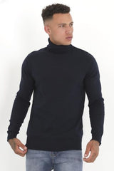 Mens Navy Turtle Neck Fine Knit Jumper