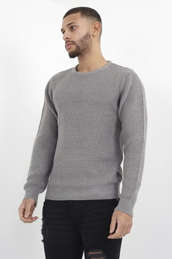 Mens Grey Long Sleeve Casual Crew Neck Knitted Jumper