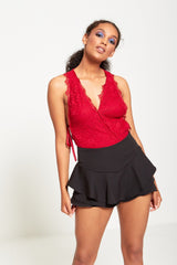 Wine Lace Mesh Side Ribbon Tie Up Bodysuit