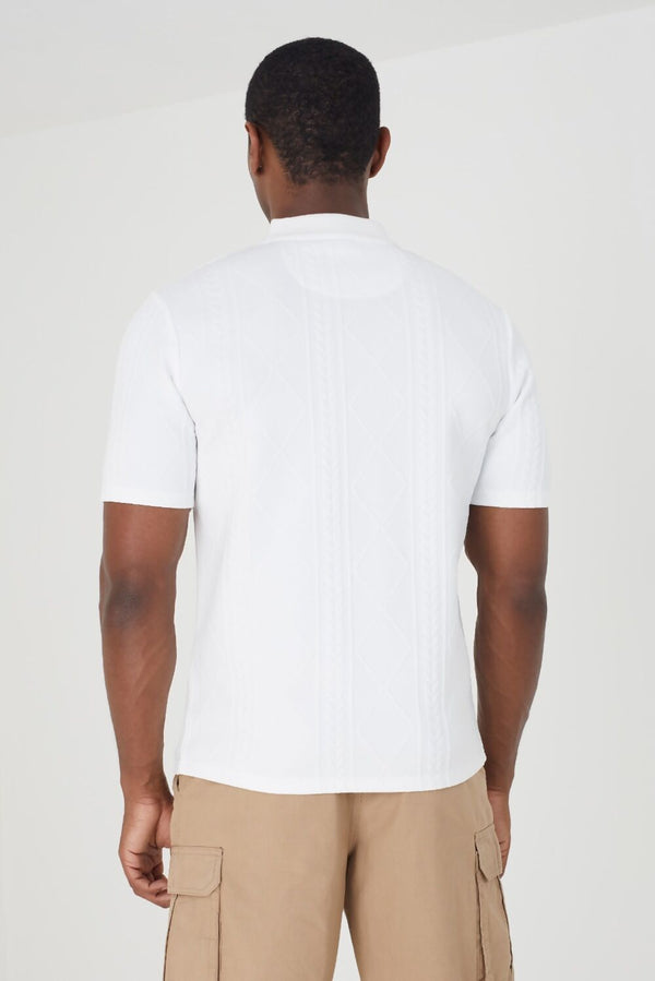 White Mens Lace Textured Buttons Polo Shirt