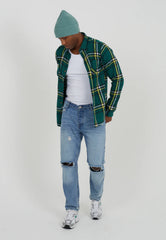 Mens Green Checked Cotton Flannel Long Sleeve Shirt