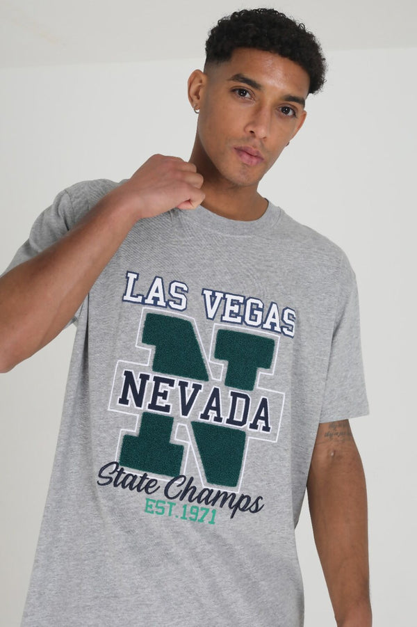 Mens Grey Oversized Round Neck Las Vegas Nevada T-shirt