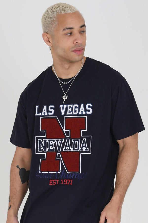 Mens Navy Oversized Round Neck Las Vegas Nevada T-shirt