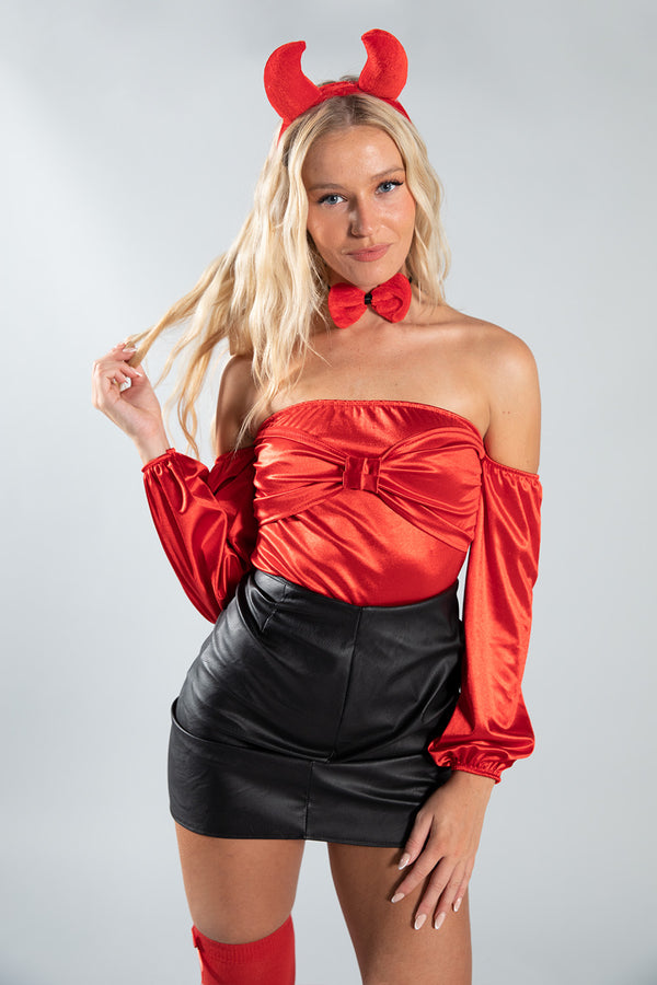 Red Satin Off The Shoulder Tie Front Bodysuit