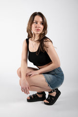 Black Ribbed Crop Vest Top 