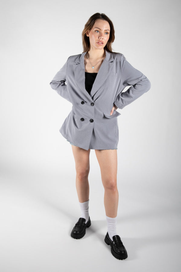 Grey Oversized Double Breasted Lightweight Blazer 