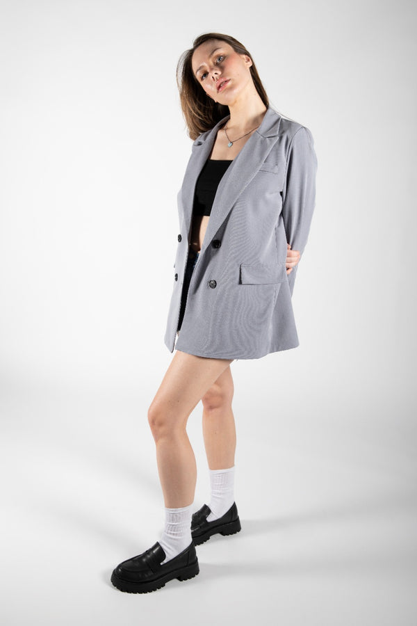 Grey Oversized Double Breasted Lightweight Blazer 