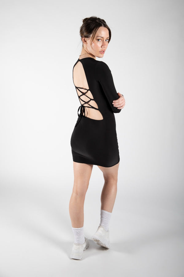 Black Slinky Lace Up Back Bodycon Dress