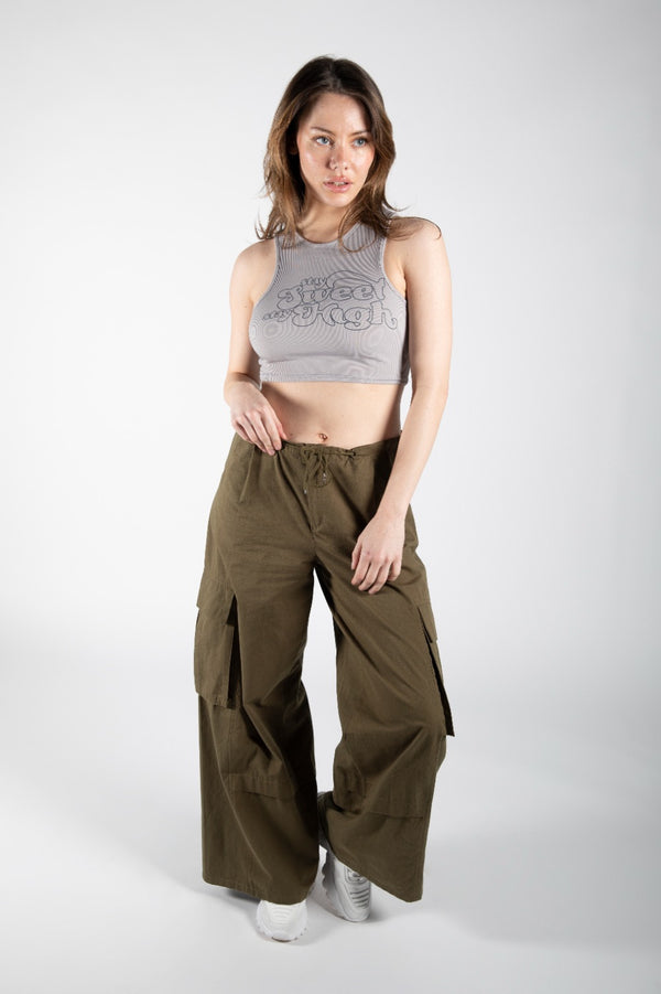 Grey Graphic Cropped High Neck Ribbed Tank Top