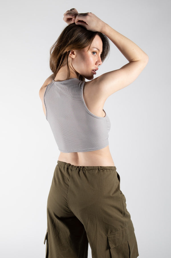 Grey Graphic Cropped High Neck Ribbed Tank Top