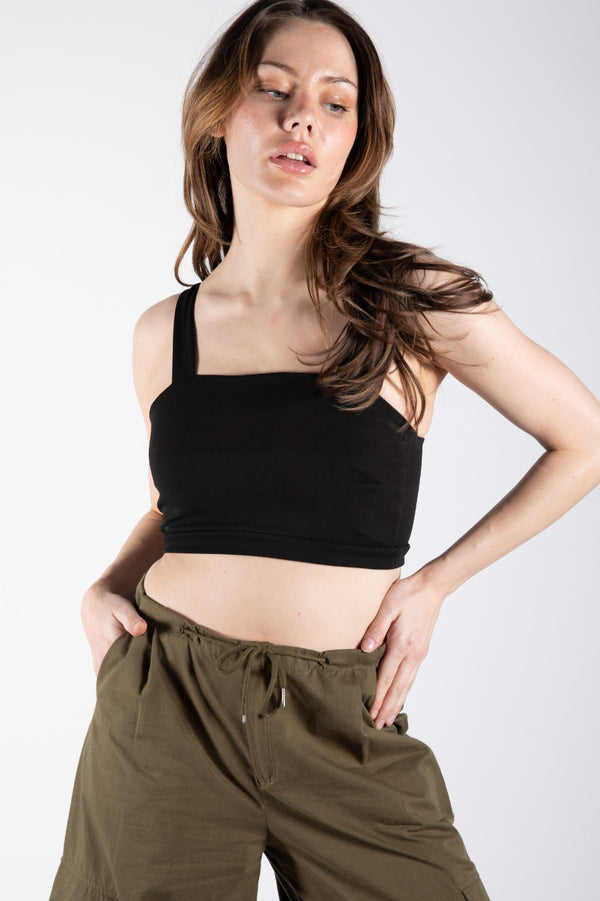 Black Thick Strap Square Neck Crop Top