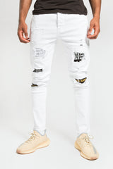 Mens White Distressed Slogan Slim Jeans 