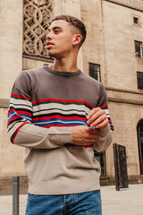 Mens Grey Multi Stripe Panel Long Sleeve Jumper