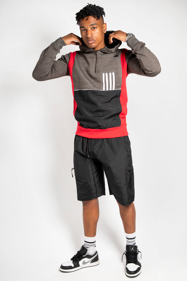 Mens Red And Black Colourblock Hooded Short Set