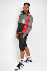 Mens Red And Black Colourblock Hooded Short Set
