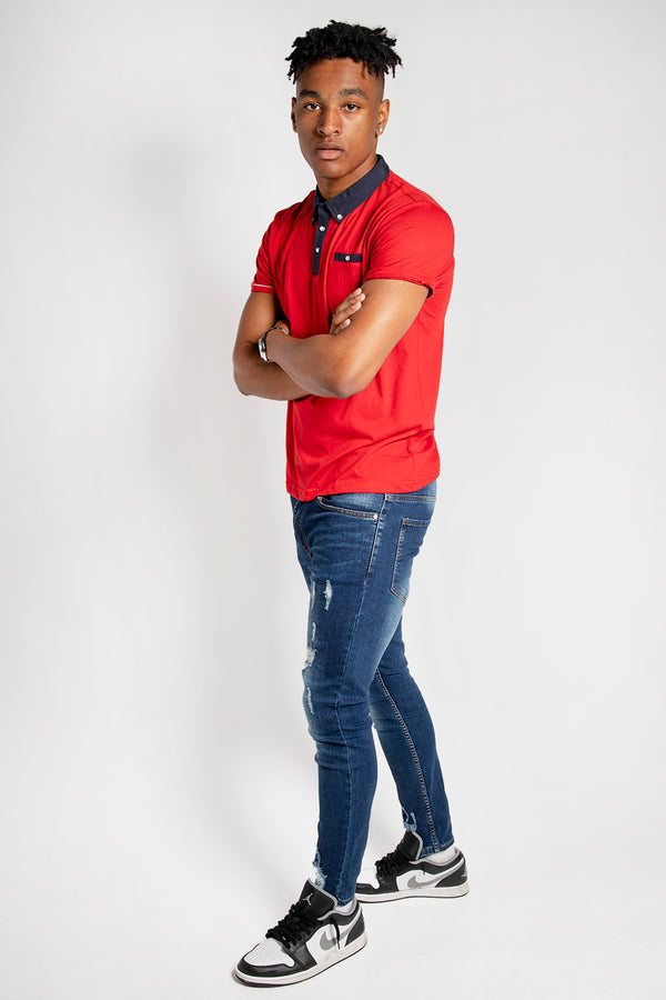 Mens Red Contrast Collar Polo Shirt