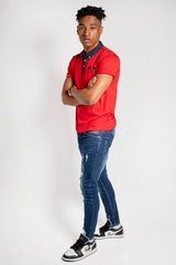 Mens Red Contrast Collar Polo Shirt