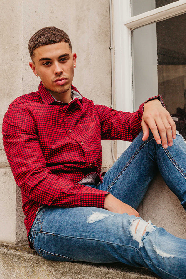Mens Red Long Sleeve Gingham Shirt