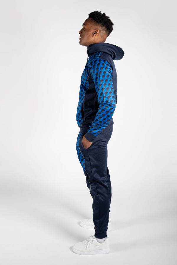 Mens Royal Blue With Navy Geometric Print Skinny Tracksuit