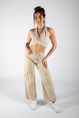 Beige Slinky Cross Front Halterneck Crop Top 