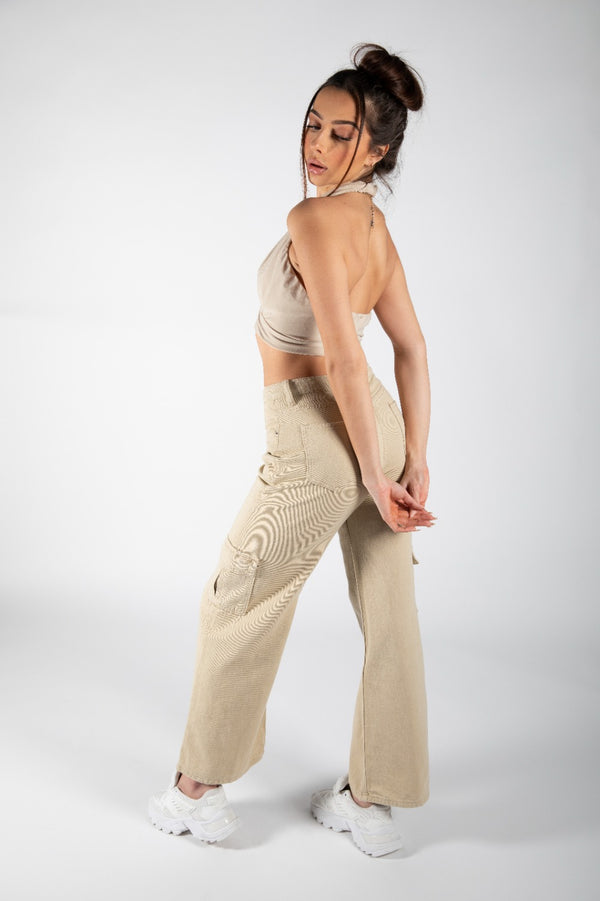 Beige Slinky Cross Front Halterneck Crop Top 