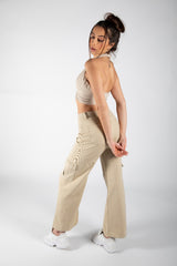 Beige Slinky Cross Front Halterneck Crop Top 