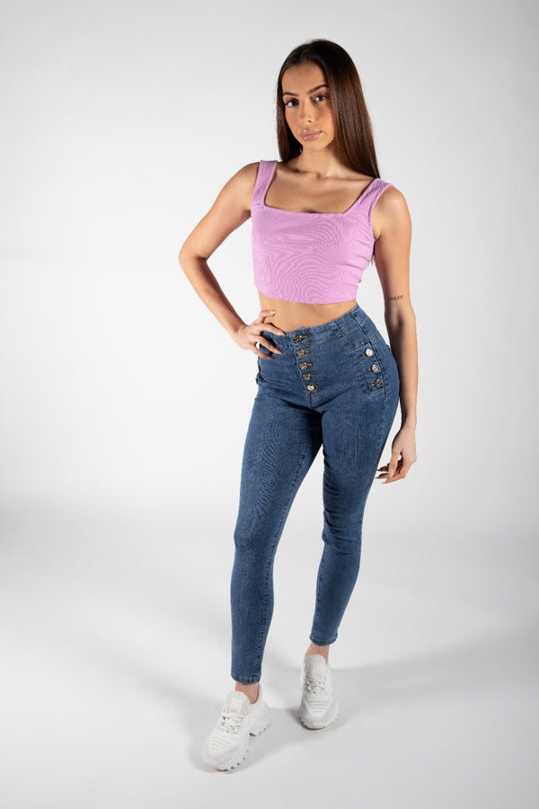 Indigo Blue Button Detail High Waist Skinny Jeans