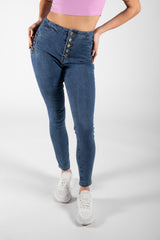 Indigo Blue Button Detail High Waist Skinny Jeans