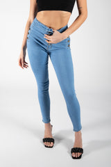 Blue Button Detail High Waist Skinny Jeans