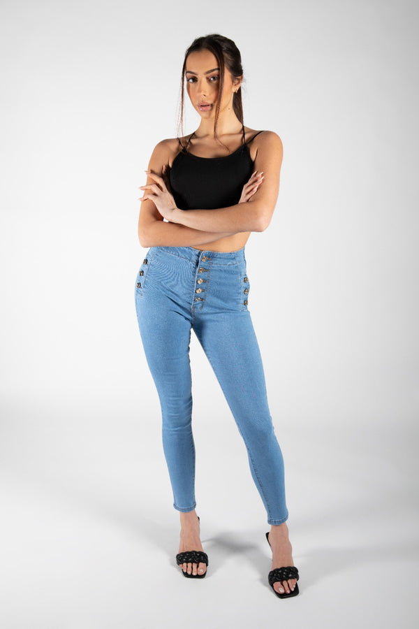 Blue Button Detail High Waist Skinny Jeans