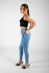 Blue Button Detail High Waist Skinny Jeans